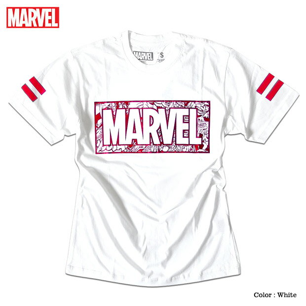 【ネコポス便で送料無料】マーベル Tシャツ 半袖 ボックスロゴ 箔 プリント MARVEL アメコミ tシャツ グッズ メンズ キャラクター 白 ホワイト アイアンマン