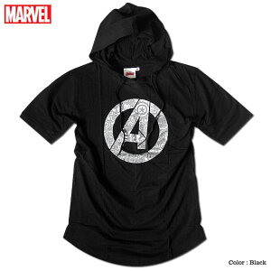 アヴェンジャーズ アイアンマン Tシャツ フード付き フーディー ロング丈 ラウンドカット メンズ ロゴ マーベル 半袖 キャラクター MARVEL アメコミ アベンジャーズ グッズ