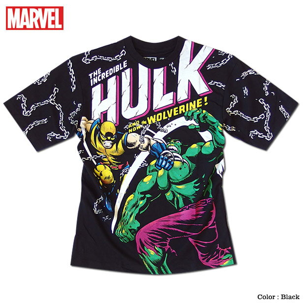 【ネコポス便で送料無料】MARVEL マーベル ハルク X-MEN ウルヴァリン プリント Tシャツ アベンジャーズ キャラクター 総柄 プリント 半袖 アメコミ tシャツ グッズ メンズ 黒 ブラック 派手 誕生日プレゼント