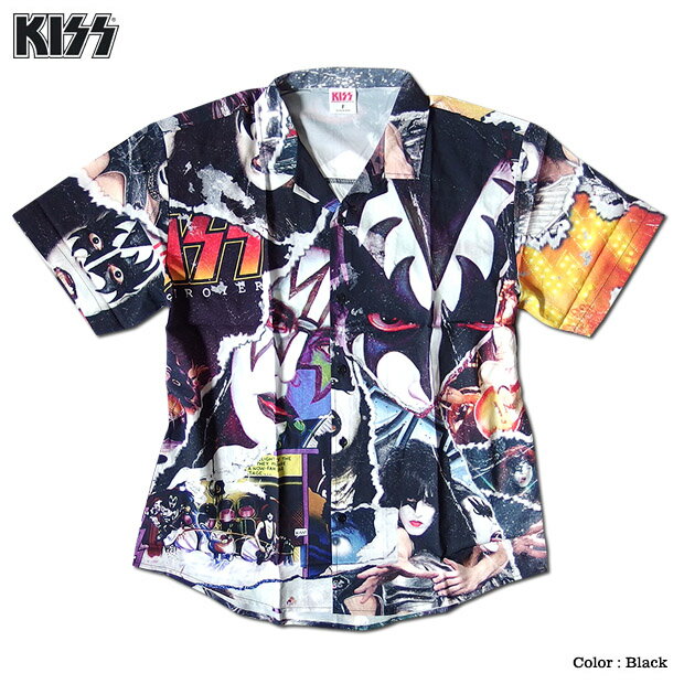 【 KISS APPAREL 正規品 】 KISS キッス シャツ 半袖シャツ ハワイアンシャツ メンズ アロハシャツ レディース グッズ KISSARMY ブラック 総柄 コラージュ プリント 派手 ボタン バンド ROCK メンバー アパレル ダンス 誕生日プレゼント リゾート ペアルック 夏 フェス