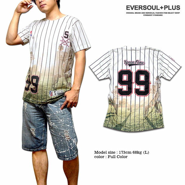 Tシャツ メンズ フルカラー プリント 野球 ベースボール ナンバー スポーツ ユニフォーム風 夏 グッズ ストライプ