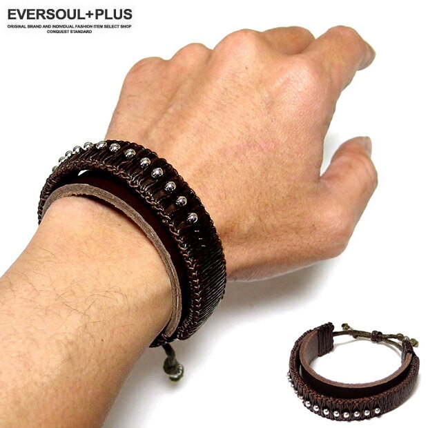 Other , Materials - EVERSOUL ブレスレット メンズ レザー 革 二重巻き スタッズ アクセサリー ブレス ネイティブ ビンテージ インディアン おしゃれ ブラウン