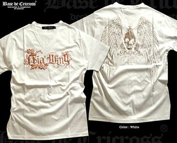 スカル プリント Vネック 半袖 メンズ Tシャツ 日本製 「Rotted Wing V-neck SST」 スカル&羽根ゴールドラメプリントシルケットスムスVネックTシャツ!