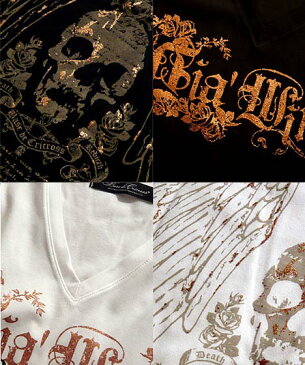 スカル プリント Vネック 半袖 メンズ Tシャツ 日本製 「Rotted Wing V-neck SST」 スカル&羽根ゴールドラメプリントシルケットスムスVネックTシャツ!