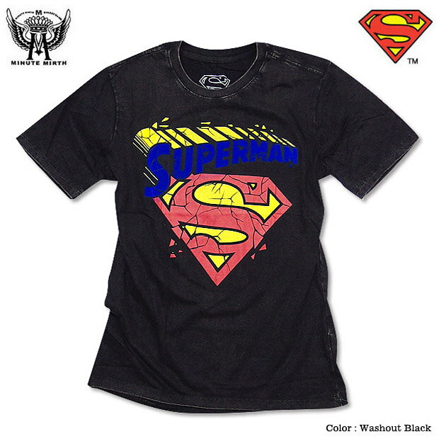 スーパーマン Tシャツ グッズ メンズ tシャツ SUPERMAN ： ハードウォッシュ加工の絶妙な色落ちがビンテージ感抜群のスーパーマンフロッキーロゴプリントTシャツ 誕生日プレゼント