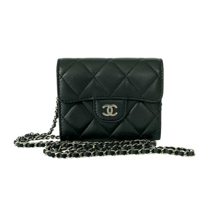 【中古】CHANEL シャネル クラシック チェーンウォレット ミニ財布 コインケース ラムスキン A81465 ブラック シルバー金具のサムネイル