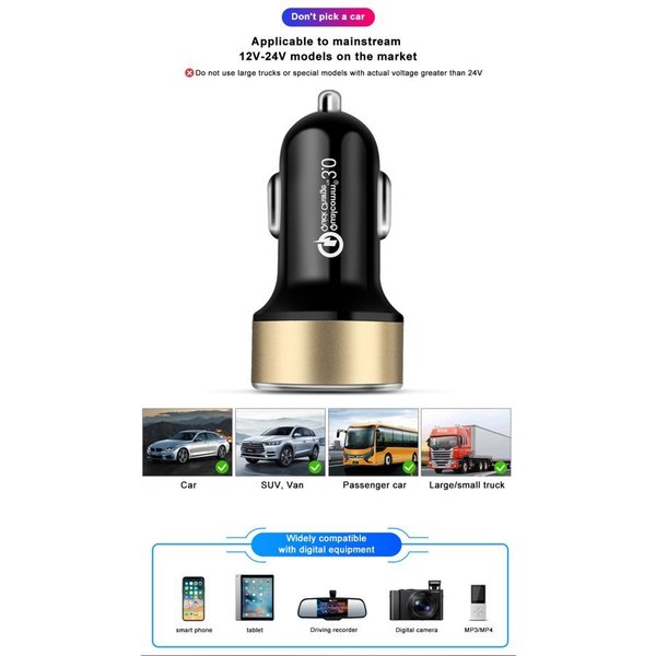 Type-c PD 高速ポート【ゴールド】Quick Charge 3.0対応 電圧計付き USB 3A+3A アダプター 12/24v対応 同時!高速充電可能!PD高速・QuickCharge・電圧計