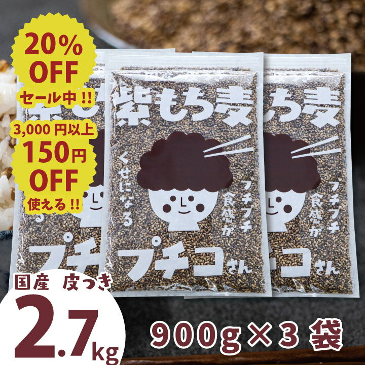 \20%OFF/ 国産 皮つき 紫 もち麦 プチコさん 2.7kg(900g3袋)ダイシモチ アントシアニン 腸内環境 食物繊維 送料無料【RSL】【m20off-01】