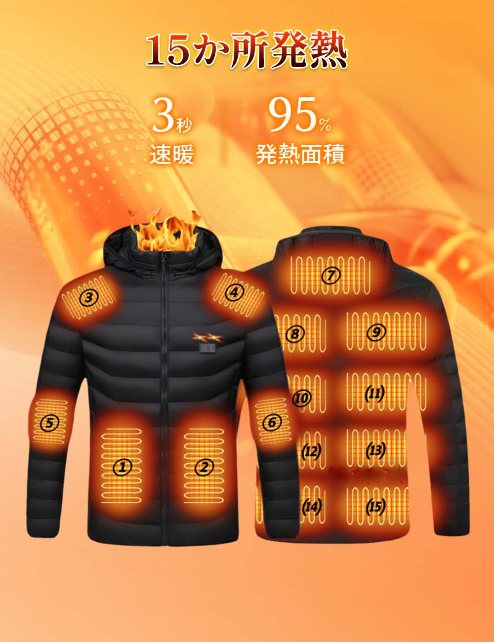 電熱ジャケット 長袖15エリア発熱 おしゃれ 3段階調温 前後独立温度調節 パネルヒーター 中綿 電熱ベス..