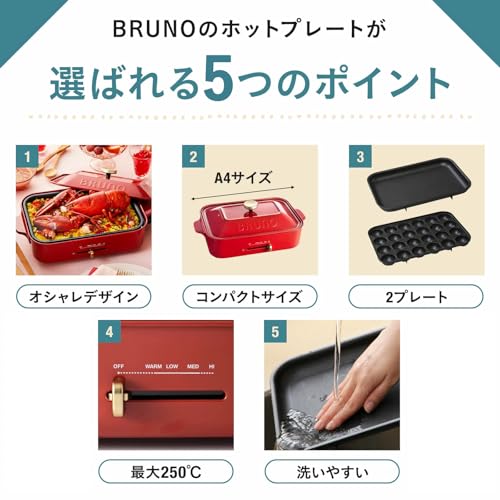 BRUNO ブルーノ コンパクトホットプレート 本体 プレート2種(たこ焼き 平面) ピン...
