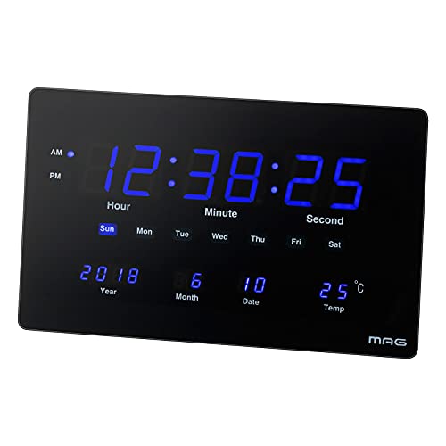 MAG(マグ) 掛け時計 LED デジタル デジブルー 温度 日付表示 置き掛け兼用 ブラック W-724BK