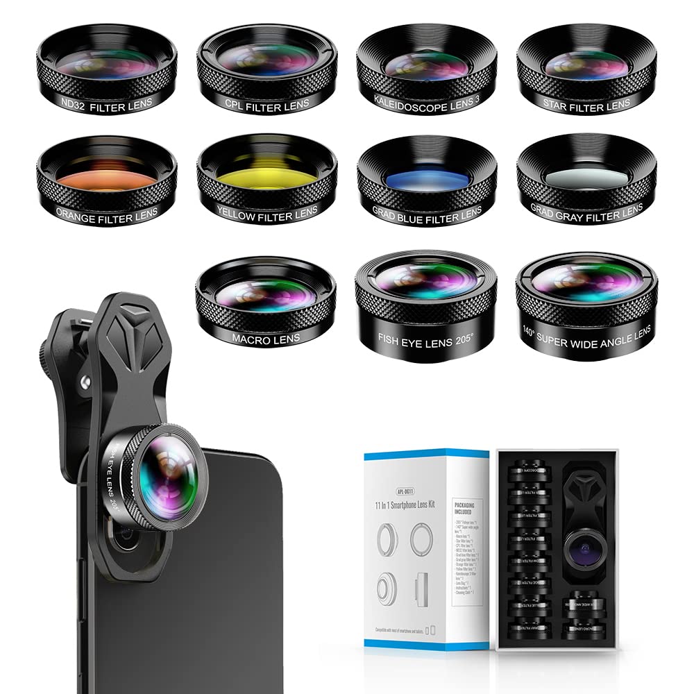 Apexel 11in1スマホ用撮影セット スマホ用カメラレンズ 広角レンズ+魚眼レンズ+マクロレンズ+CPL/フロー/万華鏡/星形レンズ+カラ