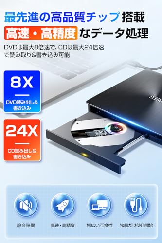 【2024革新モデル】 外付けDVDドライブ 極静音 CD DVDドライブ 外付け 高速 USB 3.0&Type-Cデュアルポート 外付けCD