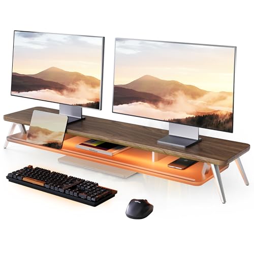 Fenge モニター台 卓上 パソコン台 デスクシェルフ pc台 机上台 幅108cm 2段 RGBテープライト付き アルミ製脚 アクリル板 モ