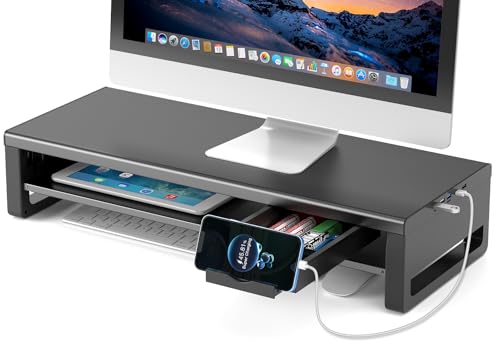 EAYHM モニター台 USB2.0/3.0データ転送付き 机上台 USB/TYPE-C充電付き モニタースタンド 引き出しとスマホホルダー付き