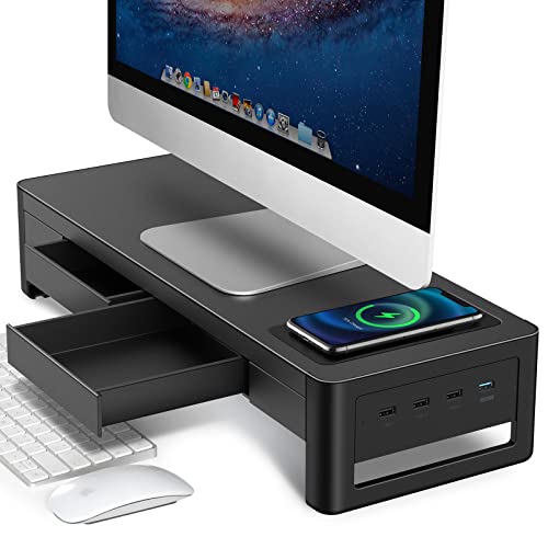Meatanty 引き出し モニター台 pc モニタースタンド パソコン台 ディスプレイ台 USB 3.0/2.0 データ転送 机上台 スチール