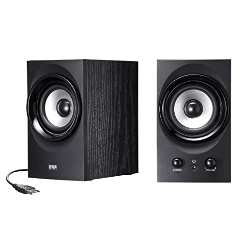 ブラック/11.68x8.89x14.99cm/MM-SPU9BKN・パッケージ個数:1・USBケーブル1本で電源と音源を供給するUSBスピーカーです。接続ケーブルがUSB1本なのでパソコン周りを綺麗に接続できます。・従来のUSBスピーカーでは出力することができない驚きの高出力を実現するため、内部に大型コンデンサを搭載しています。・コンデンサ内に電力を充電をすることで必要な場合に高出力を可能とする『PRAC(Power Reserving Amplifier Circuit)回路』を搭載しています。・小型の2chスピーカーの弱点である低音域を強化するため、パッシブラジエーターユニットを本体背面に搭載しています。スピーカーユニットに対し平行に設置することで、効率的に低音域を共振させ豊かな低音再生を可能にします。・響きの美しい音質を追求するため高密度MDF木製キャビネットを採用しています。樹脂キャビネットでは再現が難しい、美しく心地良い音の響きを再現します。●USBケーブル1本で電源と音源を供給するUSBスピーカーです。接続ケーブルがUSB1本なのでパソコン周りを綺麗に接続できます。●従来のUSBスピーカーでは出力することができない驚きの高出力を実現するため、内部に大型コンデンサを搭載しています。●コンデンサ内に電力を充電をすることで必要な場合に高出力を可能とする『PRAC(Power Reserving Amplifier Circuit)回路』を搭載しています。●小型の2chスピーカーの弱点である低音域を強化するため、パッシブラジエーターユニットを本体背面に搭載しています。スピーカーユニットに対し平行に設置することで、効率的に低音域を共振させ豊かな低音再生を可能にします。●響きの美しい音質を追求するため高密度MDF木製キャビネットを採用しています。樹脂キャビネットでは再現が難しい、美しく心地良い音の響きを再現します。●USB DAC内蔵によりパソコン内の高音質データをデジタルのままスピーカーへ送信し、ノイズ影響の少ないスピーカー内でアナログ変換することでクリアで高品質な音源を再現できます。●電源ON・OFFスイッチとボリュームコントロールスイッチを独立して設置しているので、電源をONにするだけでいつもの音量ですぐに楽しむことができます。■カラー:ブラック■実用最大出力:25.6W(12.8W+12.8W)■周波数特性:85~20000Hz■スピーカー形式:密閉式フルレンジスピーカーシステム■スピーカーサイズ:2.75インチ(直径約70mm)■インピーダンス:8Ω■入力端子:USB Aコネクタオス(USB2.0/1.1規格対応)■外部出力:ヘッドホンジャック(3.5mm)■電源:USBポートより供給(DC5V 500mA)■筐体材質:木製■サイズ:W90×D118×H150mm■重量:1325g■ケーブル長:スピーカー間ケーブル/1.3mパソコン接続USBケーブル/1.3m