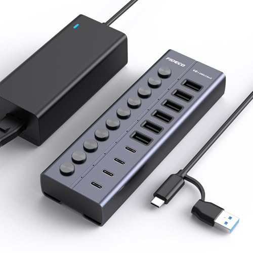 FIDECO 60W USBハブ 電源付き 10ポートの 拡張 セルフパワー 10Gbps USBスプリッター USB Hub 10Gbps高速