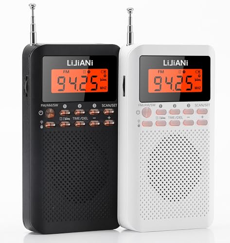 2025版小型携帯ラジオFM/AM/SW単三電池2本使用夜間でも使えるバックライト付きボタンデジタル時計、目覚まし時計、スリープタイマー機能最適