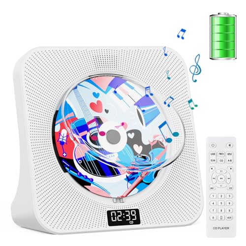 Gueray CDプレーヤー 卓上置き式 Bluetooth受信/送信 4000mah充電池内蔵 スピーカー内蔵 cdプレイヤー CD/FM/U