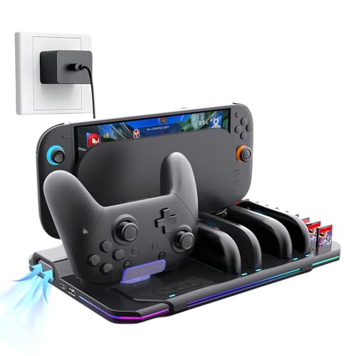 中性色/-/-・【5-IN-1 Switch 2用充電スタンド】このSwitch2充電スタンドはSwitch 2 ProとJoycons 2コントローラ用のオリジナルベースです。この5 IN 1 Joycon2充電ステーションは、1つスイッチ2 Pro と 4つ Joyconsを同時に充電することができます。ゲームデスクを清潔に保ち、スペースを節約するために、収納と充電を同時に行うことができます。・【効率的なデュアルファン冷却】Switch2用 冷却ファン ??高速冷却ファンが内蔵され - 強力な放熱により、コンソールの内部熱を素早く排出します。放熱効果を高め、長時間のゲームプレイでも本体を効率よく冷却します。スイッチ2用コンソールを効果的に冷却し、動作寿命を延ばします。・【9つのRGB雰囲気ライト】Switch 2充電ドックにはダイナミックRGBライティングが搭載されており、合計9種類のライティングモード（7つの静的単色モードと2つのダイナミックトラッキングモードを含む）を備えています。ライトボタンを押すと、ライティングモードを切り替えられます。（注：Joycon 2充電