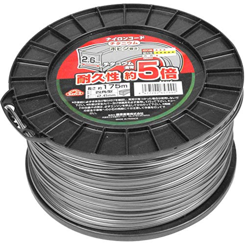 175m・ 2.6mm 2.6MMX175M・・Size:2.6mmStyle:175m・用途:刈払機用ナイロンコード・仕様1:小石の多いところ・フェンス、塀の際・雑草、植木の周囲での作業に最適・仕様2:チタニウム含有で耐久性が約5倍(当社比)・型:四角・直径:2.6mm説明 チタニウム含有で耐久性が約5倍(当社比) 【用途】 刈払機用ナイロンコード 【特徴】 ・小石の多いところ・フェンス、塀の際・雑草、植木の周囲での作業に最適