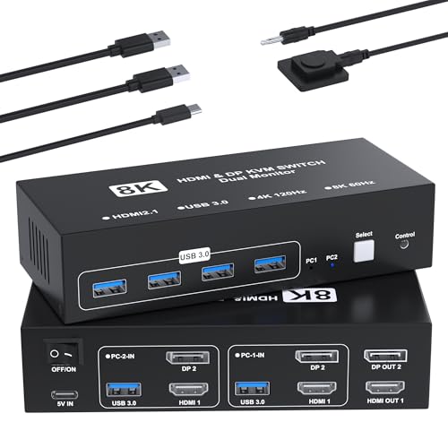 8K@60Hz HDMI+DisplayPort KVMスイッチ 2入力2出力 PC 2台モニター2台 KVM 切替器 パソコン2台モニター2台