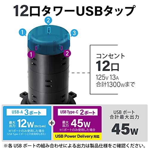 エレコム 電源タップ タワー型 延長コード [ 12個口 & USB-C×2ポート USB×3ポート ] USB PD 45W 固定パーツ付 雷