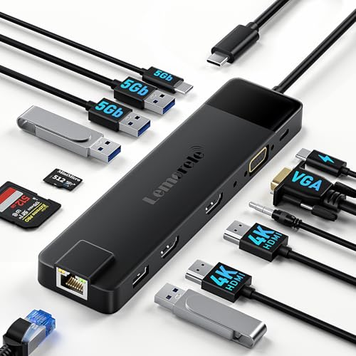ブラック/13-IN-1-LANハブ/TC100・Size:13-IN-1-LANハブ・【USB C LANドッキングステーション13-IN-1】USB 3.0(5Gbps)＊2+USB 2.0＊2、HDMIポート*2(4K@60Hz)、VGAポート(1080P)、Type C(5Gbpsデータ)& PD 100W 給電、RJ45ポート、3.5mmオーディオ、Micro SD/ TFスロット。日常必要されるポートをすべて備えています。高品質なプラスチック素材を採用して、耐振動・耐衝撃性にも優れています。・【USB C デュアルHDMI 3画面拡張+VGA双ビデオ出力】HDMIのみ出力：4K@60Hz；VGAのみ出力：1920x1080、HDMI＋VGA同時に出力:1080P、Dual hdmi出力：4K@30Hz；パソコン/スマホをテレビ、モニター、プロジェクターにミラーモードまたは拡張モード（Windowsシステムのみ）表示することができます。大画面ながら高精細な画像とクリアなサウンドをお楽しみます。・【TYPE-C PD充電100W+USB-Cデータ転送&】USB-