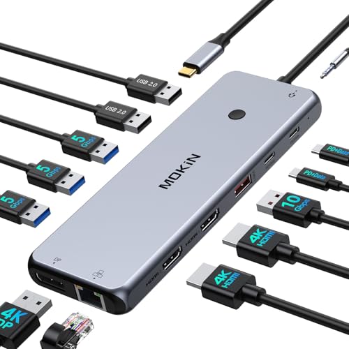2HDMI+DP/ドッキングステーション 3画面出力/MOUC3915・Size:ドッキングステーション 3画面出力・パッケージ個数:1・【13-IN-1 USB Cドッキングステーション 】MOKiNノートパソコンドッキングステーションは、2*HDMIポートと1*DisplayPortを備え、トリプル4K@60Hzディスプレイをサポートします MOKiNラップトップドッキングステーションは、2*HDMIポートと1*DisplayPortを備え、トリプル4K@60Hzディスプレイ、100W PD、ギガビットイーサネット、3.5mmオーディオポート、2*USB C（電源およびデータ転送をサポート）、6*USBポート（3*USB 3.0、1*USB 3.1、2*USB 2.0 各USBポートは、最大で5ボルト（V）/0.9アンペア（A）の出力を提供でき、最大出力は4.5ワット（W）です）をサポートし、すべてのデバイスを接続できます(注意：このドッキングステーション・デュアルモニターは、USB-Cポート、Thunderbolt 3/4ポート、USB4ポートが完全に機能するノートパ