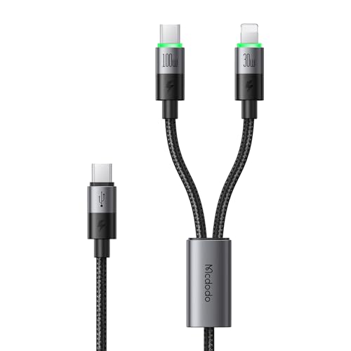 ブラック/-/CA-6700-JP・パッケージ個数:1・【2in1 100W急速充電ケーブル USB-C to USB-C & Light-ning】：100W高出力。E-Markerチップ搭載。2台同時充電。LEDライトリング付き。データ転送対応。USB-C機器とiOS機器を幅広い互換。MacBook、iPad、iPhone 17/16/15/14/13/12/11/XS/XR~5シリーズ、AirPods、Xperia、Galaxy、Pixel、Switch、その他Android機種などUSB周辺機器を対応します。・【100W 急速充電、すぐにバッテリーを回復】：分岐USB-C to USB-Cケーブルが、最大100Wの出力を対応します。MacBook Pro 2023 16インチを約1.57時間でフル充電します。Samsung S20を約0.5時間でフル充電します。※上記のテストデータはMcdodo実験室からの情報です。【E-Markerチップ内蔵、デバイスに安全充電を実現】：電流と電圧を自動的に識別して、安全で早く充電しても機械を傷つけない。・【iPhone14~