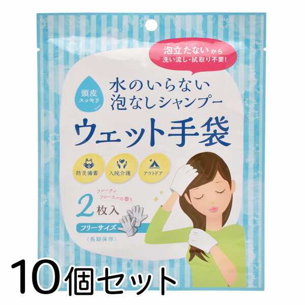 【10個セット】 水のいらない泡なしシャンプー ウェット手袋 2枚入り / 断水 / 避難所 / 非常時 / アウトドア / キャンプ / 入院 / 介護 / 衛生用品 / ウェットシート【沖縄・離島 お届け不可】