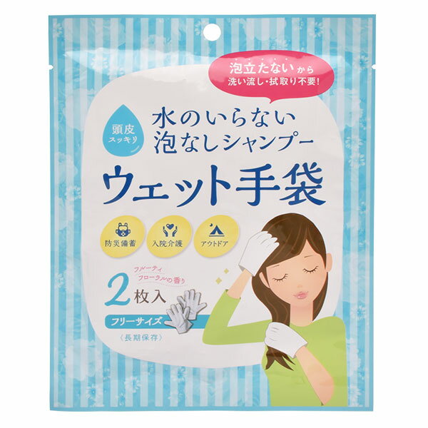 水のいらない泡なしシャンプー ウェット手袋 2枚入り / 断水 / 避難所 / 非常時 / アウトドア / キャンプ / 入院 / 介護 / 衛生用品 / ウェットシート