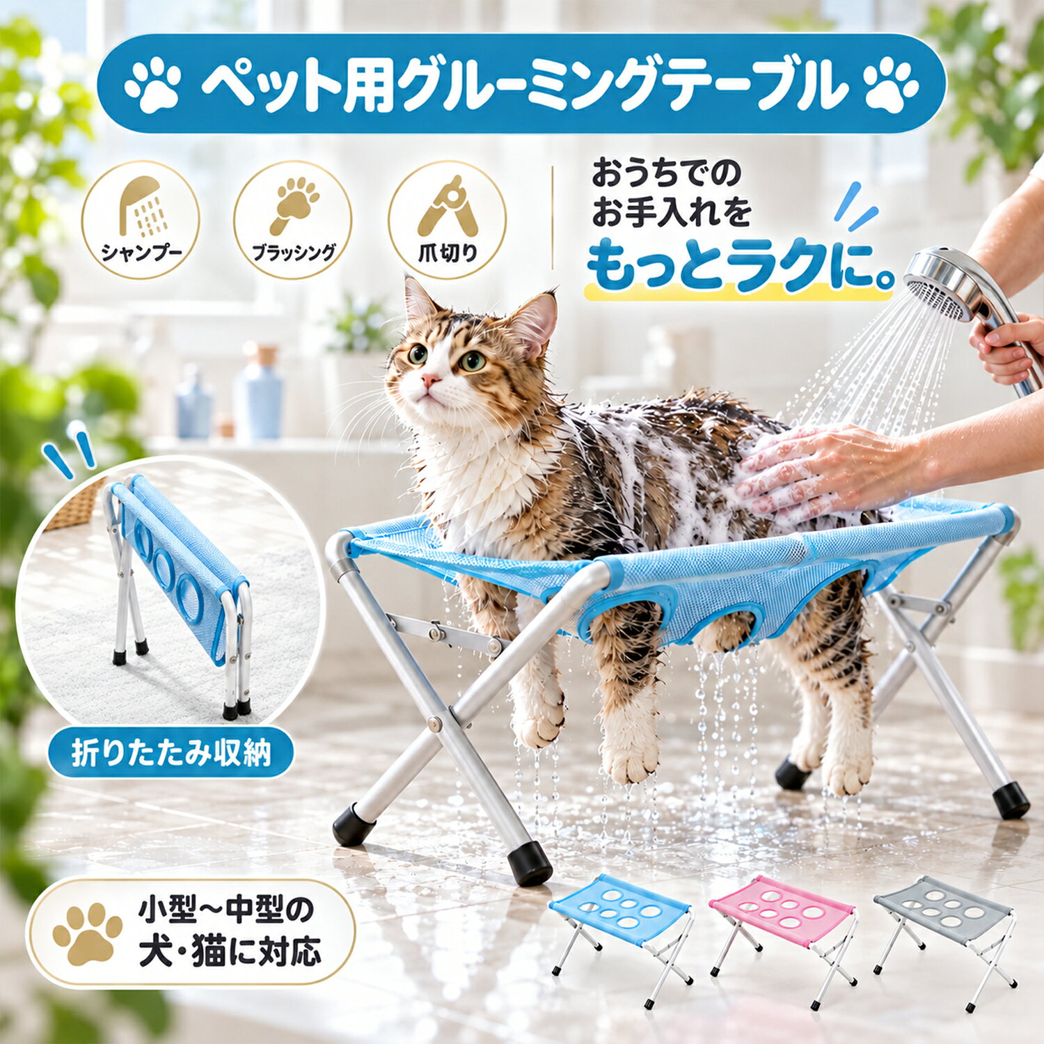 【関連キーワード】 ペット洗浄スタンド ペット 洗浄スタンド ペット用洗浄スタンド ペット用入浴スタンド ペット 入浴スタンド ペットバススタンド ペット バススタンド ペット用バス ペットバス ペット入浴 ペットお風呂 ペット風呂 ペットシャンプー ペット シャンプー シャンプー台 ペットシャンプー台 犬シャンプー台 犬 シャンプー台 猫シャンプー台 洗い台 ペット洗い台 犬洗い台 犬 洗い台 入浴用ベッド ペットバスベッド バスベッド 沐浴台 ペット沐浴台 トリミング台 ペットトリミング台 グルーミング台 グルーミングスタンド グルーミング補助 グルーミング用品 グルーミングハンモック ペットハンモック シャンプーハンモック ペットケア ペットケア用品 ペットお手入れ ペットお手入れ用品 犬お手入れ 猫お手入れ シャンプー 入浴 水洗い ブラッシング 爪切り 耳掃除 犬 犬用 猫 猫用 ワンちゃん ネコちゃん 小型犬 中小型犬 メッシュ メッシュ素材 メッシュ台 穴あき 穴あきメッシュ 通気性 水切れ 折りたたみ 折り畳み 折りたたみ式 コンパクト 省スペース スタンド スタンド付き フレーム付き 自宅 家庭用 ペット用品 犬用品 猫用品 トリミング用品 バス用品 メーカー希望小売価格はメーカーサイトに基づいて掲載しています。【商品詳細】 商品紹介 ●【ペットのシャンプーをもっとラクに】 ワンちゃん・ネコちゃんを乗せたままシャンプーやお手入れができるペット用洗浄スタンド。身体を支えながらケアしやすく、ご家庭でのペットのお風呂をサポートします。 ●【穴あきメッシュで洗いやすい】 メッシュ面には大小複数の開口部を配置。ペットをスタンドに乗せた状態でも、洗いたい部分に手が届きやすく、シャンプーやすすぎなどのお手入れに便利です。 ●【通気性の良いメッシュ素材】 水がたまりにくいメッシュ仕様で、シャンプーや水洗いにぴったり。濡れた後も水切れしやすく、日常のお手入れに使いやすい設計です。 ●【身体を支えてお手入れをサポート】 ペットの身体を台の上で支えながらケアできるため、シャンプーはもちろん、ブラッシングなどのお手入れにも活躍します。 ●【小型犬・猫のお手入れに】 小型犬や猫などのシャンプー・入浴・グルーミングにおすすめ。ご家庭でのペットケアをよりスムーズに行えます。 ●【折りたたみ式で収納便利】 使用しない時は折りたたんで省スペースに収納可能。必要な時にサッと広げて使えるので、ご家庭でのペットケアに便利です。 ●【幅広いペットケアシーンに】 シャンプー・入浴・水洗い・ブラッシングなど、日常の様々なお手入れシーンで活躍。自宅で使いやすいペットケアアイテムです。 素材 ポリエステル ステンレス 注意事項 モニター環境により、実際の色味と異なる場合がございます。輸送中に破損の場合、または商品に初期不良がある場合は、気軽にカスタマーサービスにご連絡ください。 安心保障 ●30日間!!サイズ・カラー交換OK♪ ・到着日から30日間対応致します。 ・在庫がある商品に限ります。 ・出荷時・返送時送料はお客様負担となります。 ●30日間、返品OK◎ ※イメージ違いによる返品も可 ・到着日から30日間対応致します。 ・出荷時・返送時送料はお客様負担となります。 ●180日間、品質保証! ・到着日から180日間対応致します。 ・商品の返品・交換を承ります。