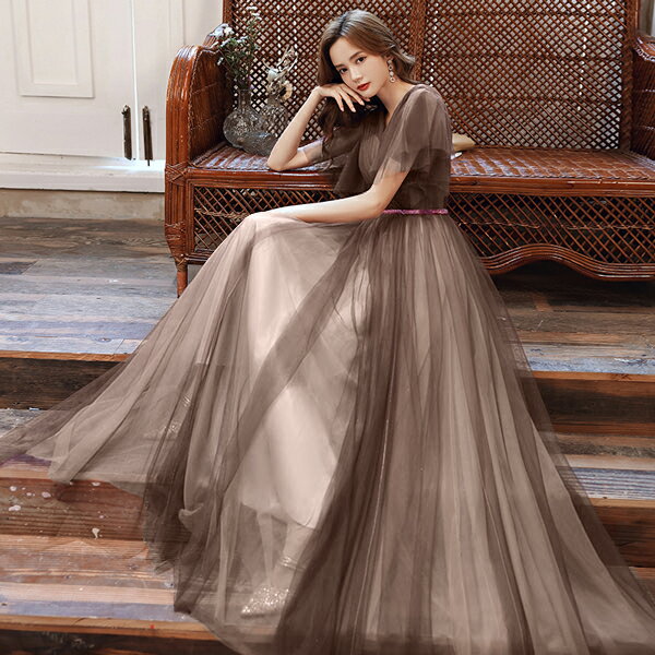 演奏会 パーティードレス ロングドレス 母親 結婚式 ドレス 大人 ピアノ 発表会 ブライズメイド ドレス ロング Vネック 袖付き フォーマル 小さいサイズ 大きいサイズ 二次会 花嫁 ワンピース 上品 お呼ばれ 他と被らない イブニングドレス ブラウン df319y6y6y6