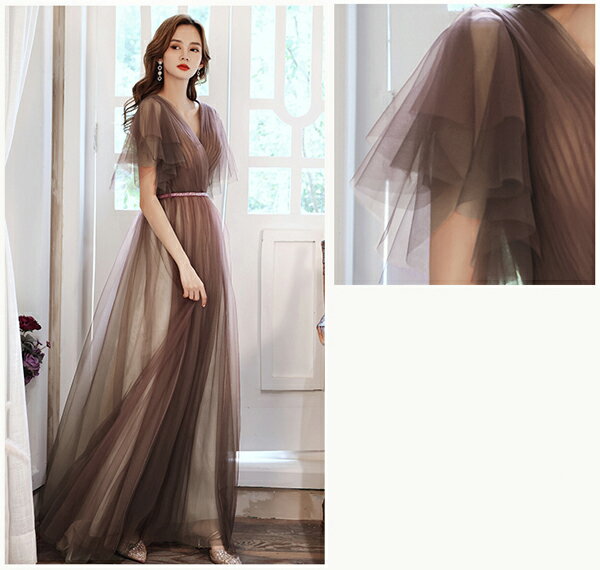 演奏会 パーティードレス ロングドレス 母親 結婚式 ドレス 大人 ピアノ 発表会 ブライズメイド ドレス ロング Vネック 袖付き フォーマル 小さいサイズ 大きいサイズ 二次会 花嫁 ワンピース 上品 お呼ばれ 他と被らない イブニングドレス ブラウン df319y6y6y6