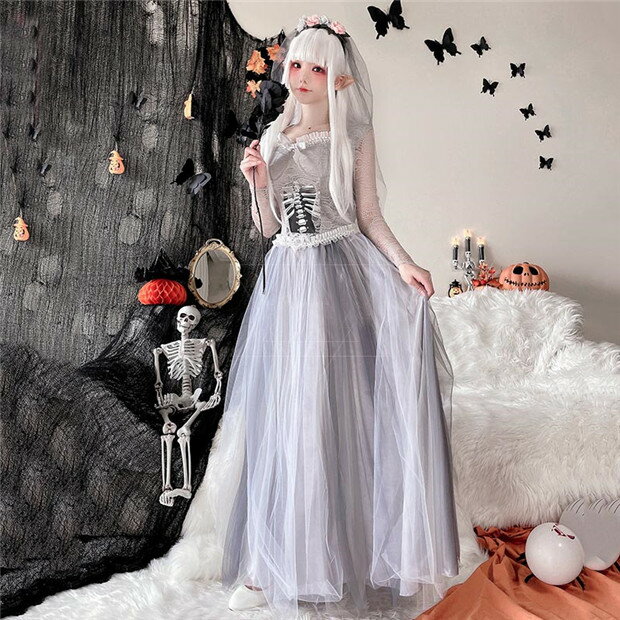 ハロウィン衣装 レディース ワンピース 花嫁ゾンビ スカルブライド かわいい m l ll 仮装舞踏会 ロングドレス レーススリーブ 長袖ワンピース 学園祭 文化祭 コスチューム cos be254c0c0t2 2