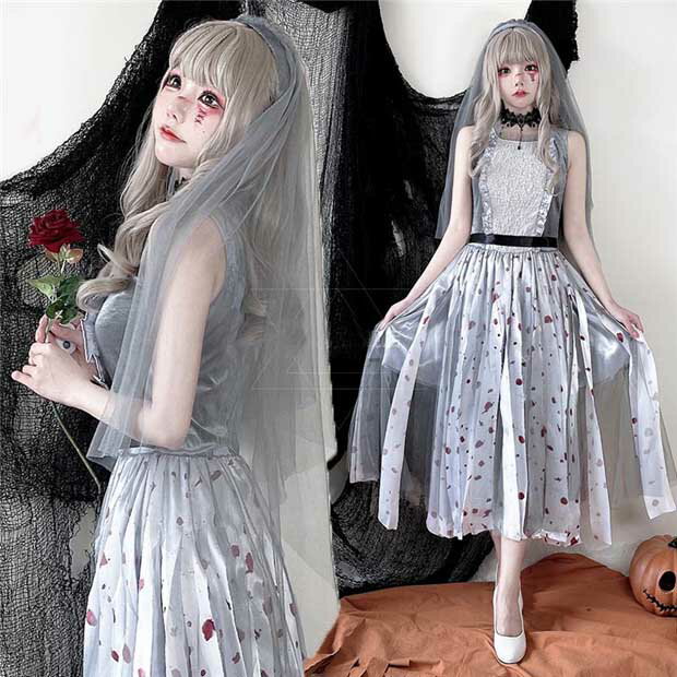 ハロウィン衣装 ゾンビ バンパイヤ グレー レディース チュール ワンピース ヘアアクセサリー 仮装舞踏会 文化祭 学園祭 コスチューム be257c0c0t2
