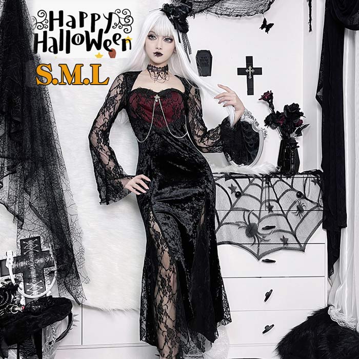 ハロウィン衣装 レディース 恐怖 吸血鬼 ワンピース 幽霊 ゴシック S M L ベルベットドレス かわいい ..
