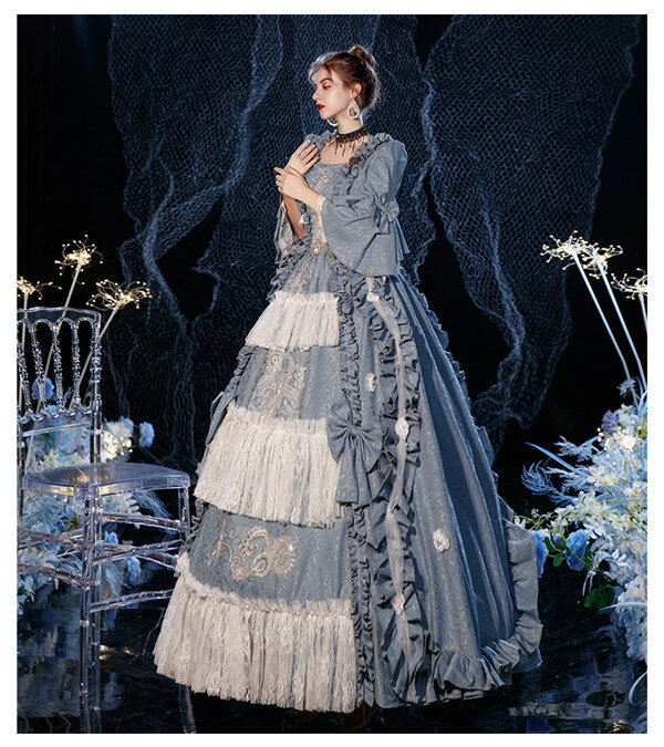 ロココ調 中世 ドレス プリンセス 女性用 宮廷風 空色 貴族ドレス 仮面舞踏会 ヴィクトリアン 18世紀 女性用 レース コットン コスチューム ドレス 舞台ステージ衣装 ヨーロッパ レトロ クリスマス 学園祭 文化祭 舞踏会 d9309c0c0m6