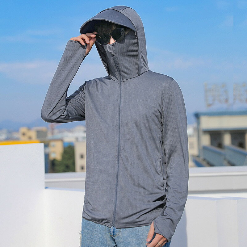 メンズ uv パーカー 指穴 首元 UPF50+ ひんやり 接触冷感 UV ジップアップ ラッシュガード フード付き サンバイザー付き カーディガン メンズ 日...