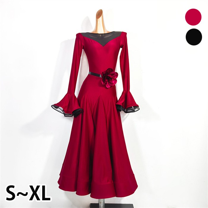 社交ダンスドレス モダンドレス 黒 赤 社交ダンス衣装 社交ダンス ドレス 衣装 長袖 大きい裾 スタンダードドレス ワルツダンス ワンピースドレス ステージ衣...