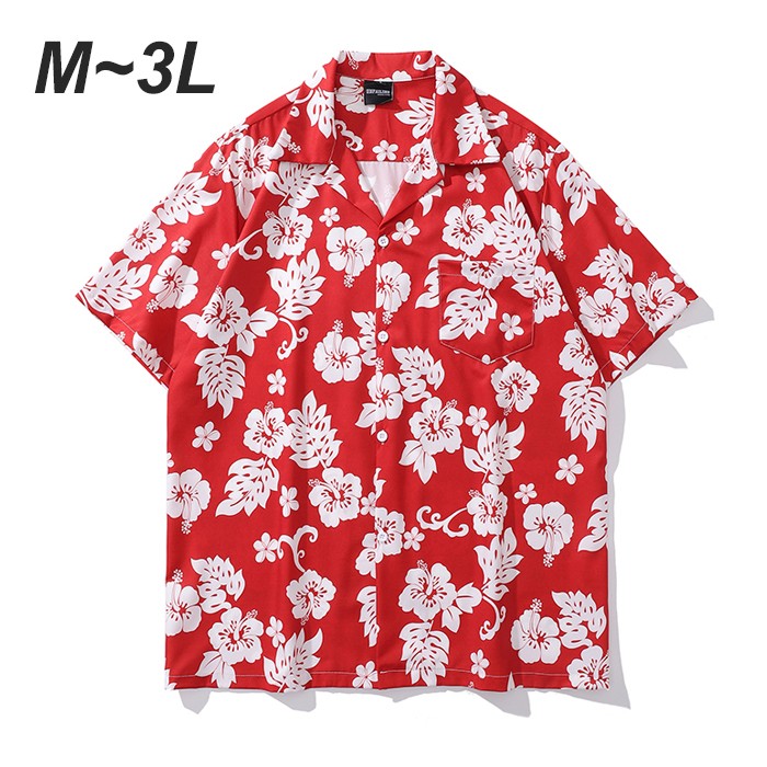 アロハシャツ ハイビスカス 総柄 赤 男女兼用 メンズ レディース カジュアル 半袖 柄シャツ 夏 海 開襟シャツ レッド ゆったり 涼しい おしゃれ 大きいサ...