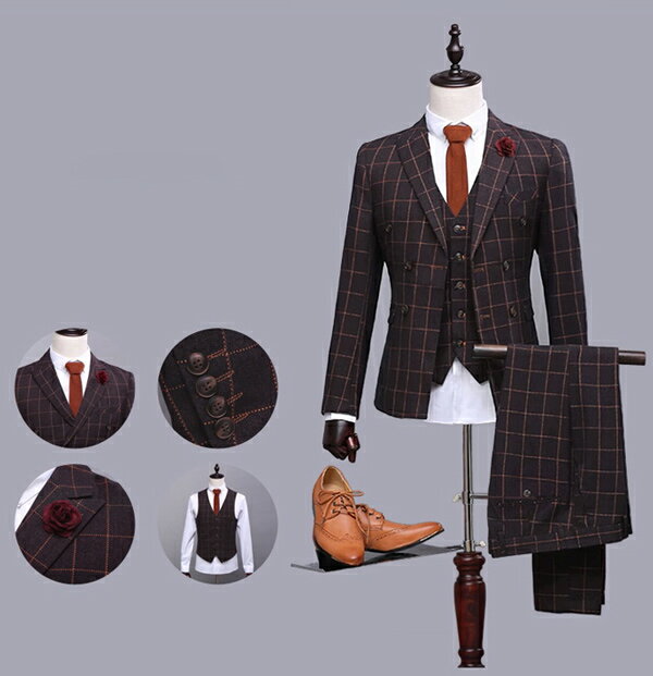 2つボタンスーツ スリーピース ダブルブレスト ビジネス カジュアル メンズ フォーマル スリム ブラウン【S/M/L/XL/2XL/3XL】dg565f0f0y7/代引不可