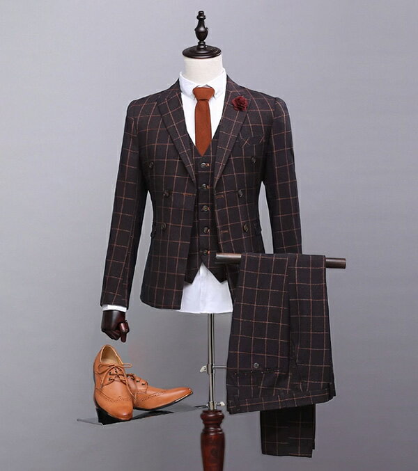 2つボタンスーツ スリーピース ダブルブレスト ビジネス カジュアル メンズ フォーマル スリム ブラウン【S/M/L/XL/2XL/3XL】dg565f0f0y7/代引不可