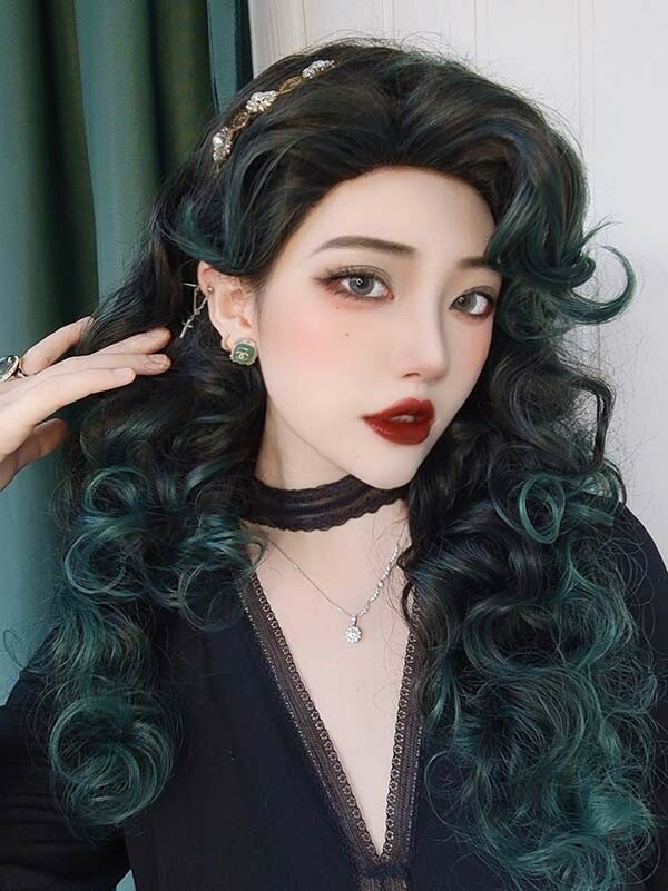 フルウィッグ かつら 巻き毛 黒髪 長髪 ロング ロング丈 ロングウィッグ ロリータ lolita ブラック グリーン 前髪あり 自然 可愛い キュート wig コスプレ 耐熱ウィッグ 小顔効果抜群 コスチューム 仮装 文化祭 学園祭 演劇 舞台 イベント 変装 女装 dp071g5g5t2