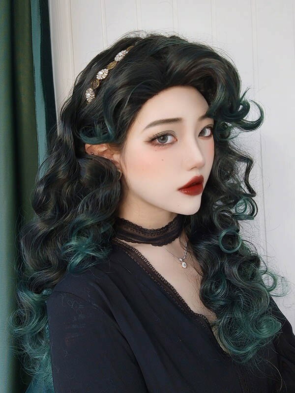 フルウィッグ かつら 巻き毛 黒髪 長髪 ロング ロング丈 ロングウィッグ ロリータ lolita ブラック グリーン 前髪あり 自然 可愛い キュート wig コスプレ 耐熱ウィッグ 小顔効果抜群 コスチューム 仮装 文化祭 学園祭 演劇 舞台 イベント 変装 女装 dp071g5g5t2