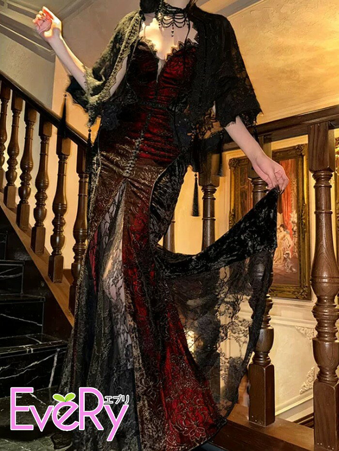 ゴシック ロングドレス レディース ゴスロリ マーメイドドレス レース ブラック レッド コルセット風 スリット ロング丈 セクシー 大人 ハロウィン 魔女 ヴァンパイア コスプレ 衣装 パーティー 撮影 舞台 ステージ イベント S M L XL mj113h5h5x7 everysp-10031373 ドレス・ファッション エブリ サンプル画像3