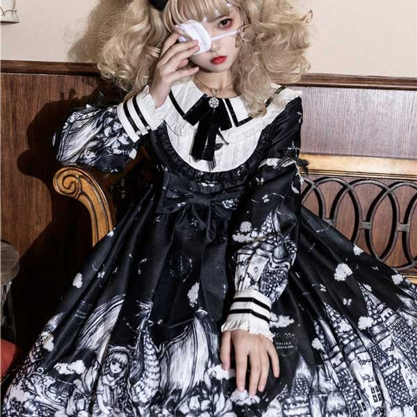 ゴシックロリータ ワンピース 黒 フリル 長袖 病みかわいい 膝丈 暗黒系 ロリータop プリンセスドレス Lolita ロリータ服 リボン コスチューム コスプレ衣装 文化祭 学園祭 イベント ロリータファション h1010lalam4