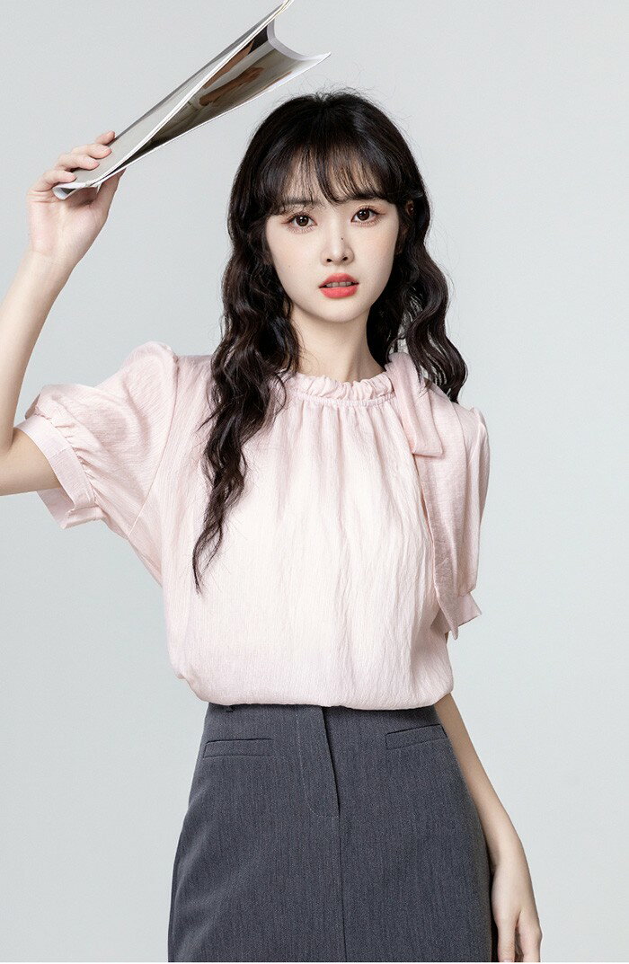 ブラウス 半袖 ショートスリーブ シャツ リボン レディース 夏 優しい シフォン 通勤 日常 おしゃれ 可愛い ピンク dk009lclcm6